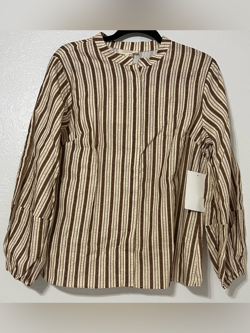 Parterre Linen Cotton Brown Cream Striped Balloon Sleeve Boho Blouse NWT - Picture 2 of 6